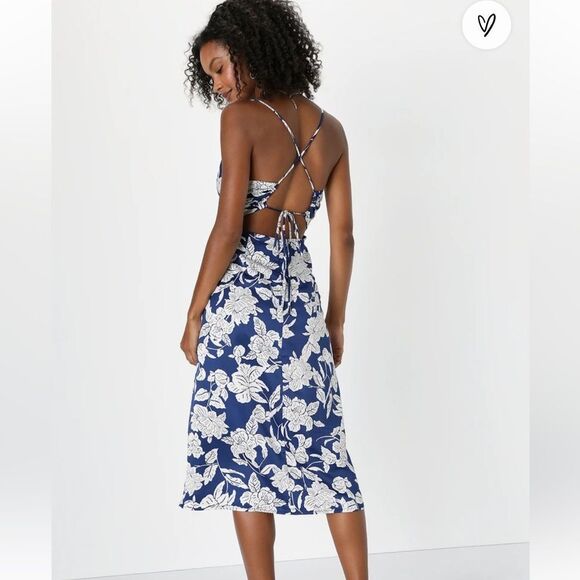 Lulus NWT Elevated Occasion Navy Satin Floral Cowl Tie-Back Dress Size XS - Picture 1 of 8